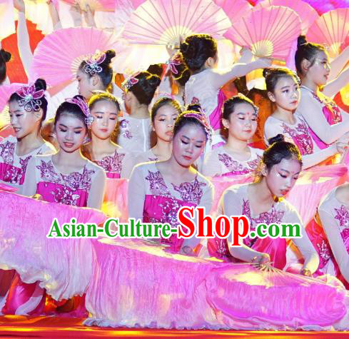 Chinese Blossom Time Fan Dance Rosy Dress Traditional Classical Dance Stage Performance Costume for Women