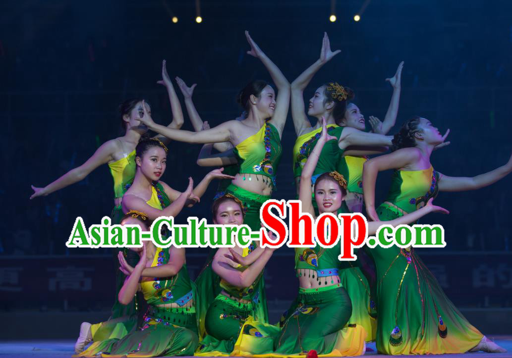Chinese Rain Bamboo Dai Nationality Peacock Dance Green Outfits Traditional Classical Dance Stage Performance Costume for Women