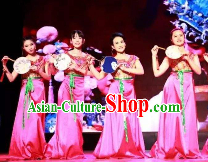 Chinese Pear Flowers Song Classical Dance Rosy Dress Traditional Dance Stage Performance Costume for Women