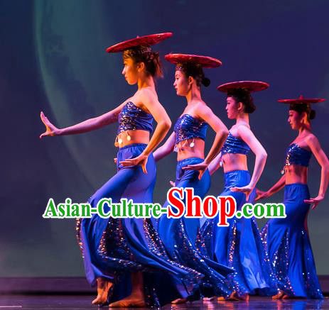 Chinese Shan Ling Dai Nationality Peacock Dance Blue Dress Traditional Folk Dance Stage Performance Costume for Women