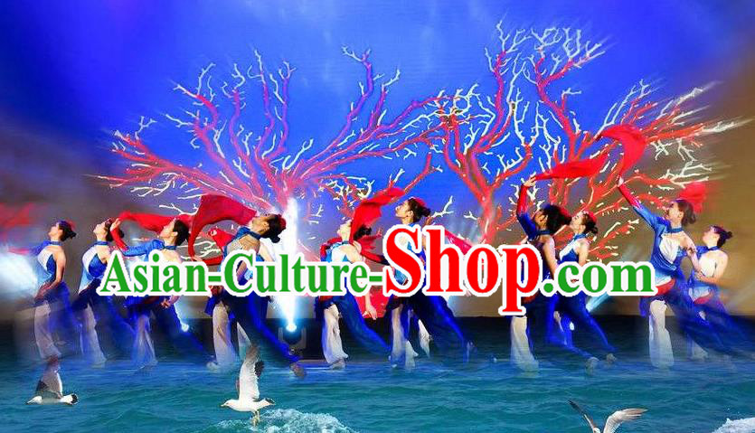Chinese Stage Performance Red Coral Folk Dance Blue Dress Traditional Fan Dance Costume for Women