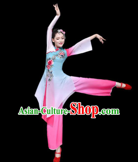 Red Coral Chinese Stage Performance Folk Dance Blue Dress Traditional Fan Dance Costume for Women