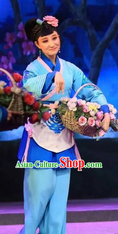 Chinese Shaoxing Opera Country Girl Blue Apparels Costumes and Headpieces He Wenxiu Yue Opera Xiaodan Maidservant Dress Garment