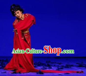 Chinese Shaoxing Opera Hua Tan Red Costumes and Headdress Hedda or Aspiration Sky High Yue Opera Huadan Dress Garment Actress Apparels