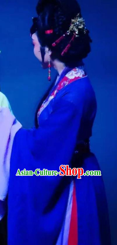 Chinese Shaoxing Opera Noble Dame Blue Dress Costumes Apparels and Headpieces Hedda or Aspiration Sky High Yue Opera Elderly Female Garment