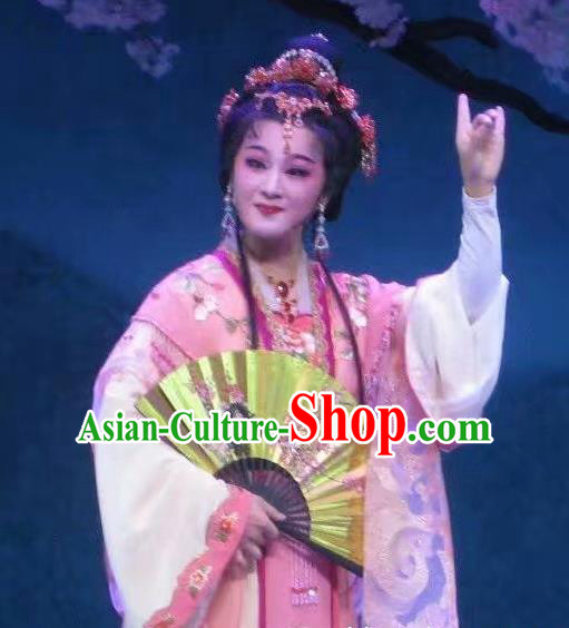 Chinese Shaoxing Opera Actress Pink Dress and Headdress Li Hua Qing Yue Opera Hua Tan Garment Rich Lady Leng Yan Apparels Costumes