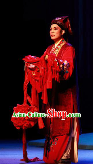 Chinese Yue Opera Wedding Young Man Qian Youliang Costumes and Headwear Shaoxing Opera Merchant Red Garment Apparels