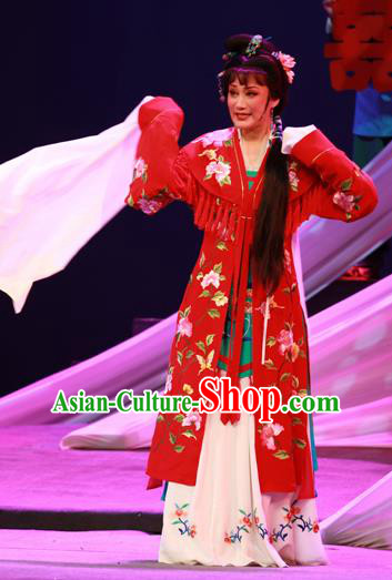 Chinese Shaoxing Opera Hua Tan Wedding Garment Costumes and Headpieces Li Hua Qing Yue Opera Actress Red Dress Apparels