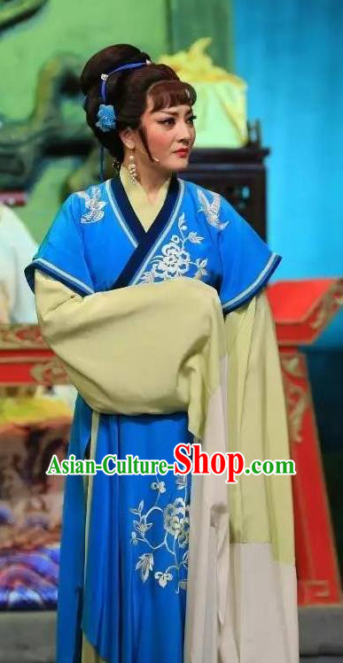Chinese Shaoxing Opera Young Female Costumes and Headdress He Wenxiu Yue Opera Huadan Blue Dress Wang Lanying Garment Apparels