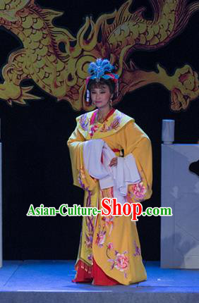 Chinese Shaoxing Opera Queen Liu E Yellow Dress Costumes and Headdress Palm Civet for Prince Yue Opera Actress Empress Garment Apparels