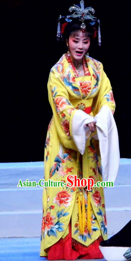 Chinese Shaoxing Opera Empress Liu E Yellow Costumes and Headdress Palm Civet for Prince Yue Opera Actress Garment Dress Apparels