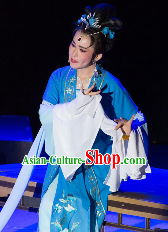 Chinese Shaoxing Opera Noble Consort Li Blue Dress Costumes and Headpieces Palm Civet for Prince Yue Opera Actress Garment Apparels