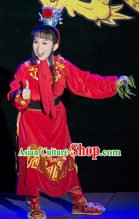 Palm Civet for Prince Chinese Yue Opera Young Boy Apparels Red Costumes and Headwear Shaoxing Opera Crown Prince Zhao Zhen Garment