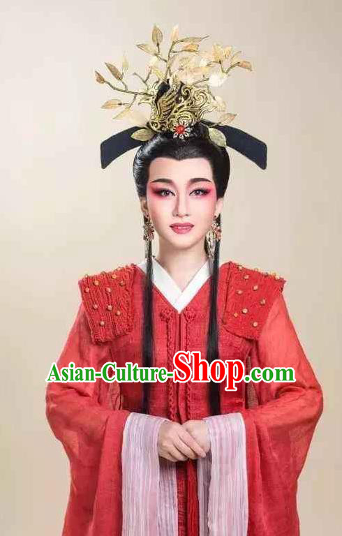 King Wu Yue Chinese Shaoxing Opera Imperial Consort Actress Dress Garment and Headpieces Yue Opera Hua Tan Apparels Costumes
