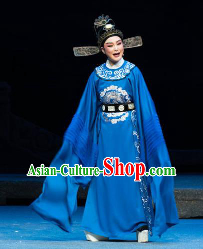 Chinese Yue Opera Scholar Costumes and Hat The Magnificent Mayor Shaoxing Opera Xiaosheng Young Male Garment Apparels Official Liu Chong Embroidered Robe