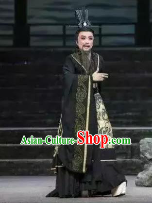 Chinese Yue Opera Official Black Garment Costumes and Headwear Qu Yuan Shaoxing Opera Poet Apparels
