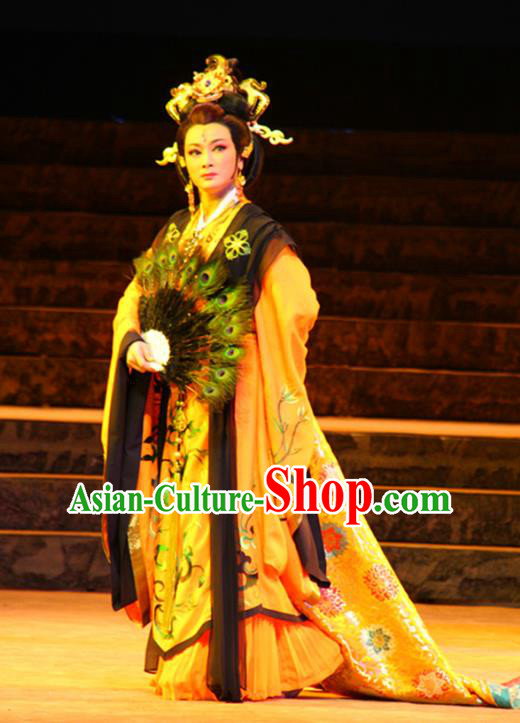 Qu Yuan Chinese Shaoxing Opera Imperial Empress Actress Dress Garment and Headpieces Yue Opera Hua Tan Queen Apparels Costumes