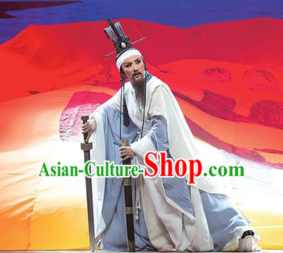 Chinese Yue Opera Poet Garment Costumes and Headwear Qu Yuan Shaoxing Opera Laosheng Elderly Male Apparels
