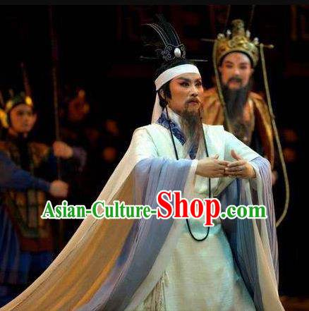 Chinese Yue Opera Poet Garment Costumes and Headwear Qu Yuan Shaoxing Opera Laosheng Elderly Male Apparels