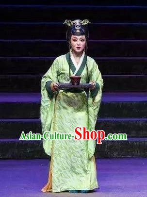 Qu Yuan Chinese Shaoxing Opera Actress Court Lady Costumes and Headpieces Yue Opera Hua Tan Green Hanfu Dress Apparels Garment