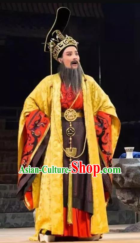 Chinese Yue Opera Elderly Male Chu King Costumes and Headwear Qu Yuan Shaoxing Opera Laosheng Apparels Garment Embroidered Robe