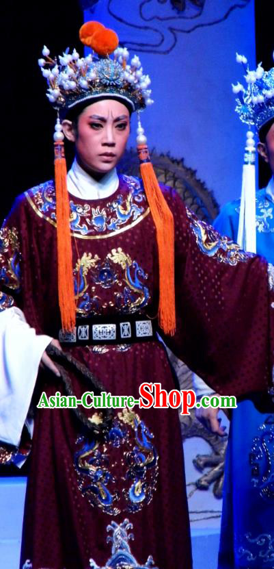 Chinese Yue Opera Palm Civet for Prince Costumes and Headwear Shaoxing Opera Wusheng Court Eunuch Chen Lin Apparels Garment Red Embroidered Robe