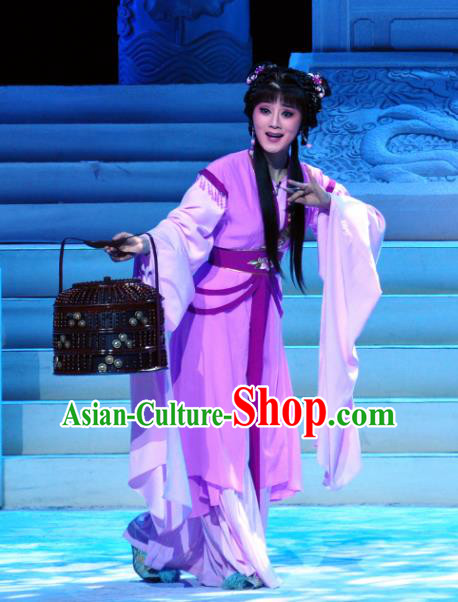 Chinese Shaoxing Opera Court Maid Purple Dress Garment and Headdress Palm Civet for Prince Yue Opera Hua Tan Kou Zhu Apparels Costumes