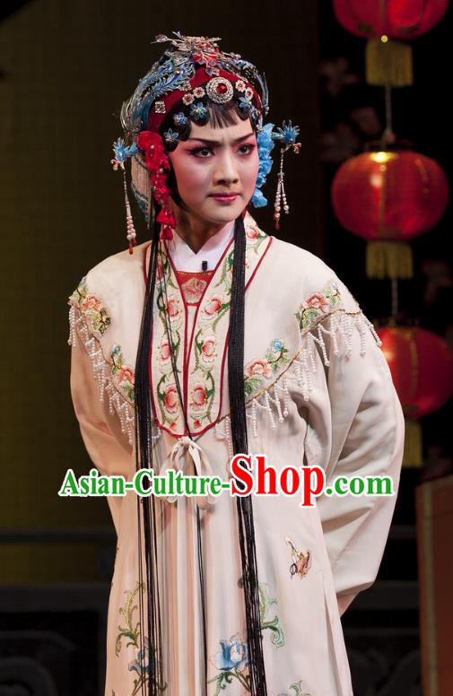 Chinese Shaoxing Opera Young Female White Dress Costumes and Headdress Lai Marriage Yue Opera Hua Tan Shen Gumei Garment Apparels