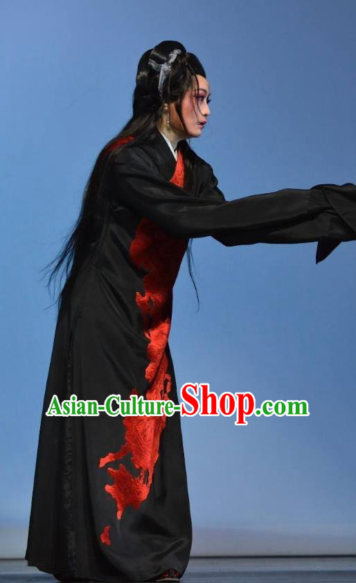 Chinese Shaoxing Opera Distress Maiden Black Dress Apparels Costumes and Headpieces Qing Teng Kuang Ge Yue Opera Actress Young Female Garment