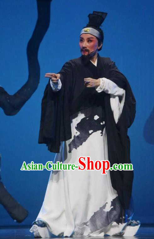 Chinese Yue Opera Litterateur Xu Wei Garment and Headpiece Shaoxing Opera Laosheng Qing Teng Kuang Ge Elderly Male Apparels Costumes