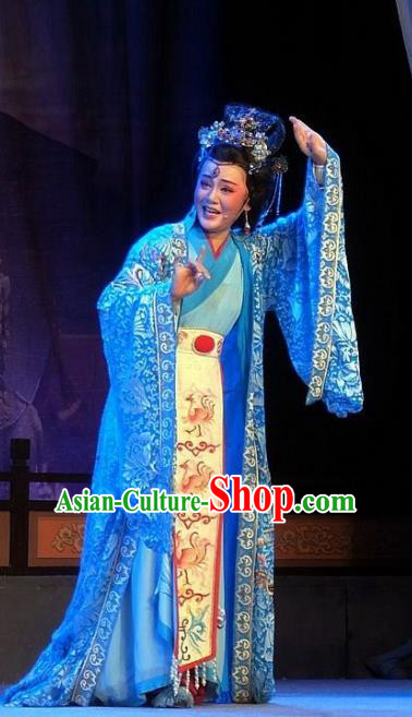 Chinese Shaoxing Opera Court Queen Blue Dress Costumes and Headdress Han Wen Empress Yue Opera Actress Apparels Garment