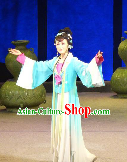 Chinese Shaoxing Opera Xiaodan Liu Hanyan Dress and Headpieces Smoky Rain Celadon Yue Opera Actress Garment Young Lady Apparels Costumes