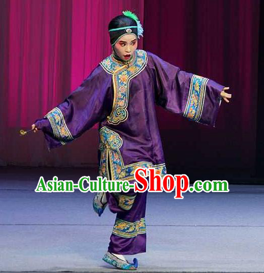 Chinese Peking Opera Elderly Female Purple Apparels Costumes and Headdress Pick Up the Jade Bracelet Yue Opera Laodan Garment Dress