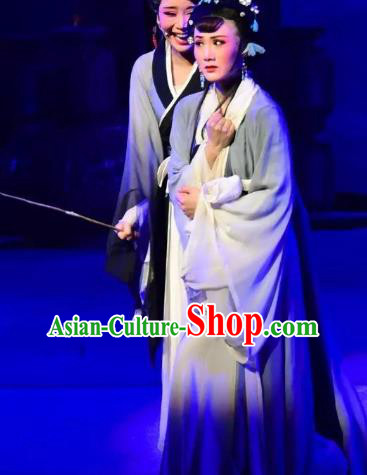 Chinese Shaoxing Opera Hua Tan Liu Hanyan Dress Costumes and Hair Accessories Smoky Rain Celadon Yue Opera Young Female Garment Apparels
