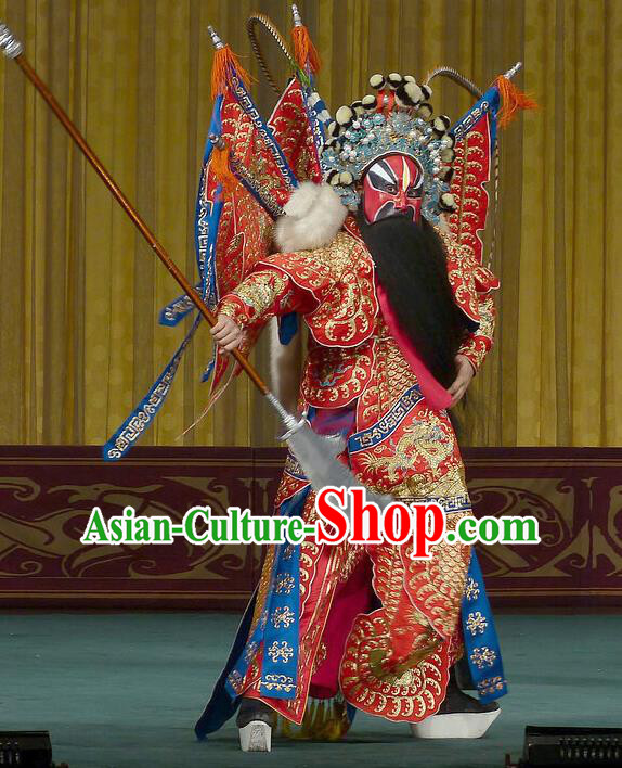 Chinese Beijing Opera Wu Sheng Apparels Zhu Lian Zhai Peking Opera Garment Costumes General Red Kao Armor Suit with Flags and Headwear
