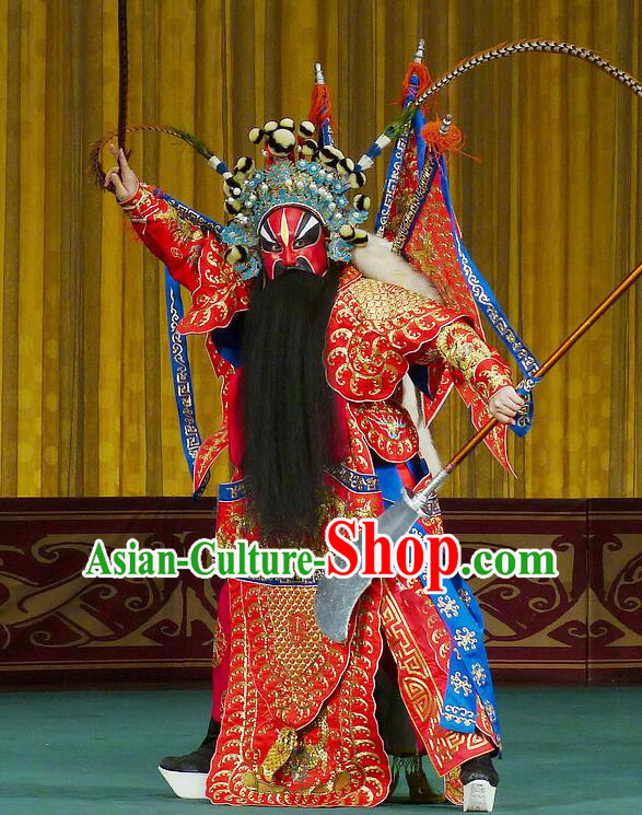Chinese Beijing Opera Wu Sheng Apparels Zhu Lian Zhai Peking Opera Garment Costumes General Red Kao Armor Suit with Flags and Headwear