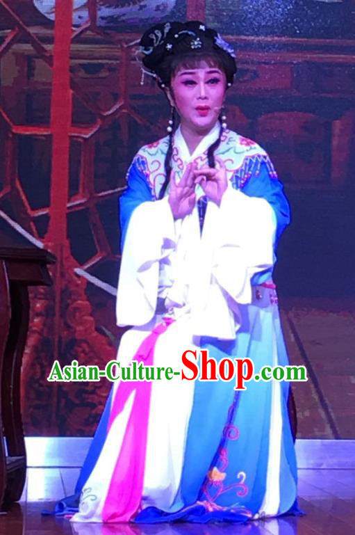 The Crimson Palm Chinese Shaoxing Opera Hua Tan Garment Apparels Costumes and Headpieces Yue Opera Young Female Wang Qianjin Blue Dress