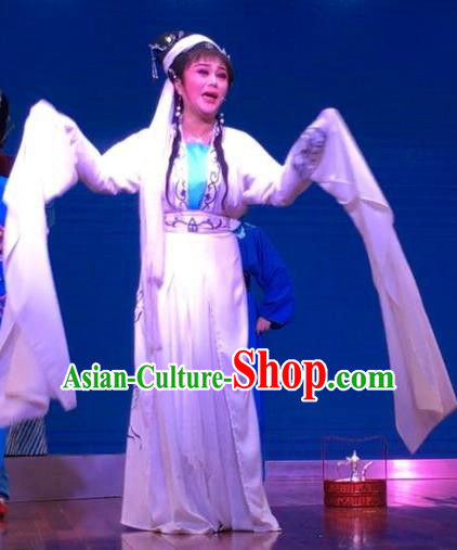 The Crimson Palm Chinese Shaoxing Opera Distress Maiden Wang Qianjin Apparels Costumes and Headdress Yue Opera Tsing Yi Dress Garment