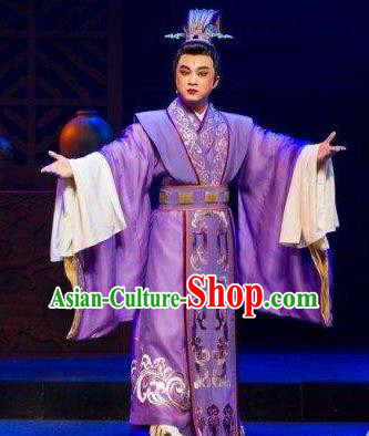 Chinese Yue Opera Young Male Purple Garment Costumes and Headwear Tong Que Tai Shaoxing Opera Xiaosheng Prince Apparels
