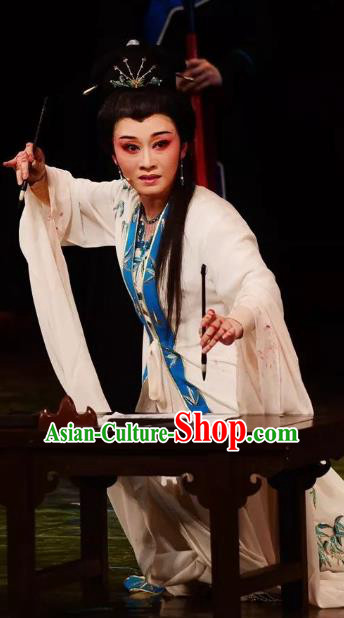 Chinese Shaoxing Opera Actress Chen Sanliang White Dress Costumes and Headpieces Yue Opera Hua Tan Distress Maiden Garment Apparels