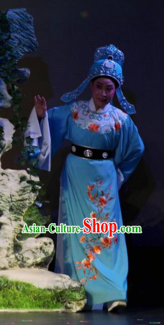 The Purple Hairpin Chinese Yue Opera Scholar Li Yi Costumes and Headwear Shaoxing Opera Xiaosheng Garment Apparels Young Male Blue Robe