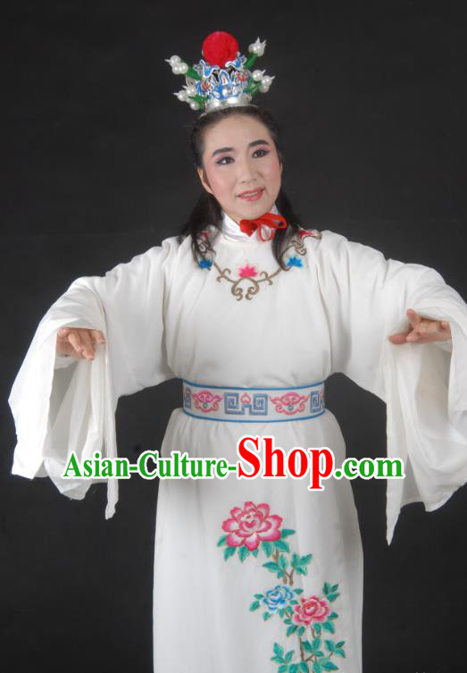 Chinese Yue Opera Young Male Lu Yong Garment Costumes and Headwear Shaoxing Opera Mo Chou Nv Xiaosheng Apparels Scholar White Robe