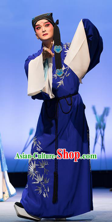 Chinese Classical Kun Opera Young Male Apparels The Story of Pipa Peking Opera Garment Scholar Blue Costumes and Headwear