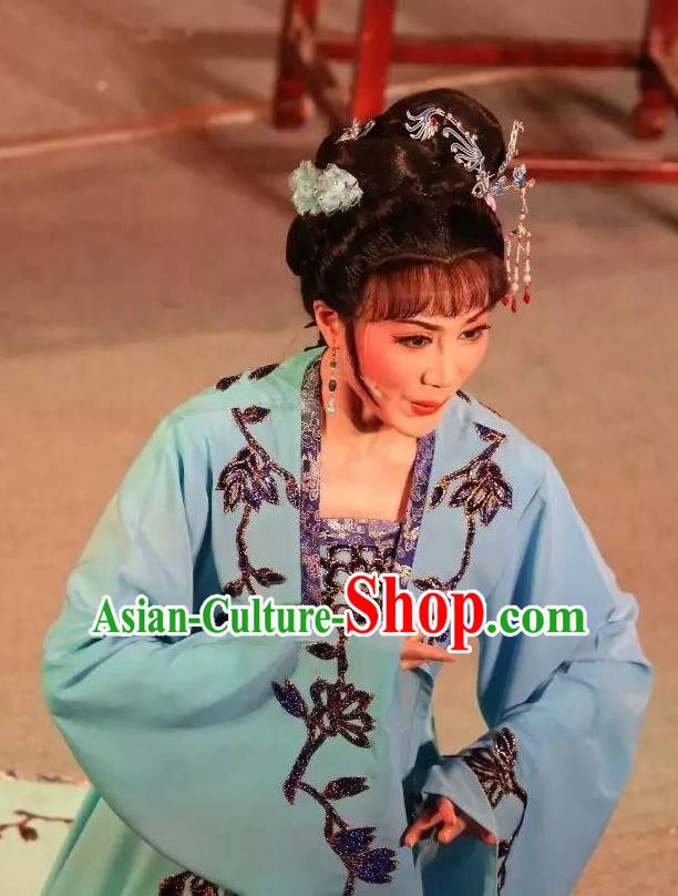 Chinese Shaoxing Opera Actress Young Female Blue Dress Garment and Hair Accessories Baihua River Yue Opera Hua Tan Cai Feng Costumes Apparels