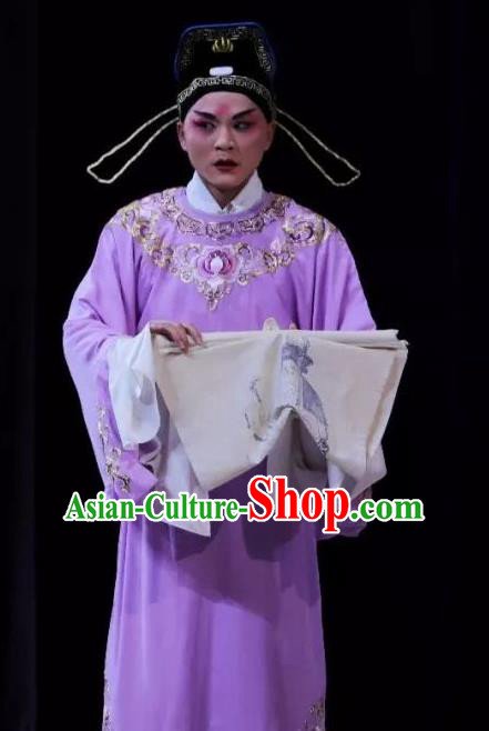 Chinese Classical Kun Opera Scholar Niche Apparels The Story of Pipa Peking Opera Garment Young Male Purple Robe Costumes and Hat