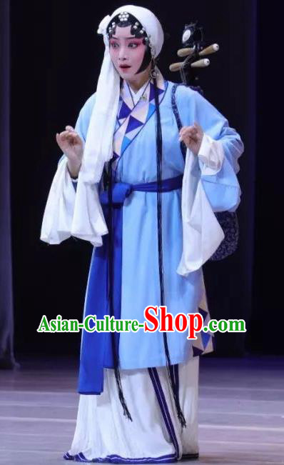 Chinese Kun Opera Civilian Female Blue Dresses Costumes The Story of Pipa Peking Opera Apparels Tsing Yi Garment and Headwear