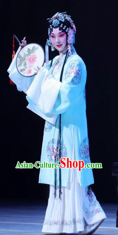 Chinese Kun Opera Patrician Female Blue Dresses Costumes The Story of Pipa Peking Opera Apparels Hua Tan Garment and Headwear