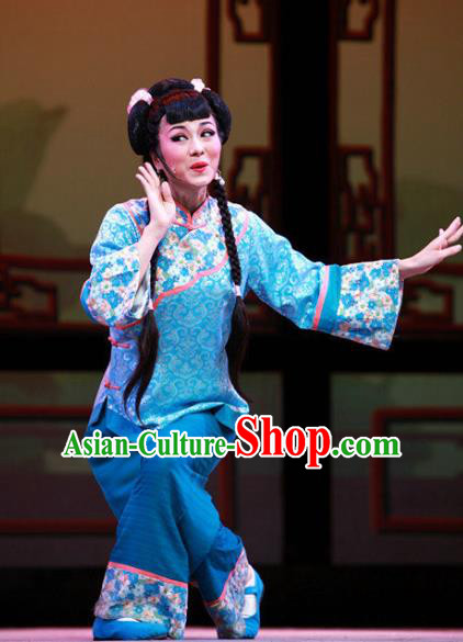 Chinese Shaoxing Opera Xiaodan Dress and Headpieces Yue Opera Young Lady Garment Apparels Servant Girl Blue Costumes