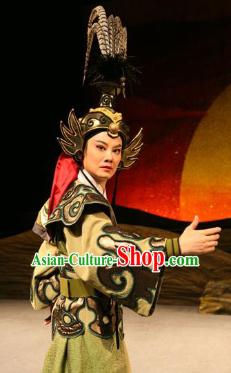 Chinese Yue Opera Young Male Armor Costumes and Headwear Da Mo Li Ge Shaoxing Opera General Zhangsun Sheng Garment Apparels
