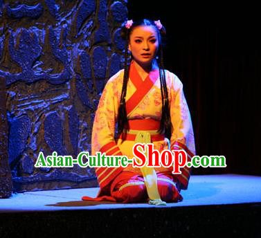 Chinese Shaoxing Opera Young Lady Dress and Headdress Da Mo Li Ge Yue Opera Yuwen Fang Garment Actress Apparels Costumes